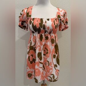 Y2K Smocked Babydoll Floral Puff Sleeve Empire Waist Top Medium Vintage Retro